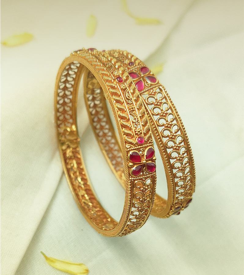 Intricate Design Gold Bangles with Floral Red Stones