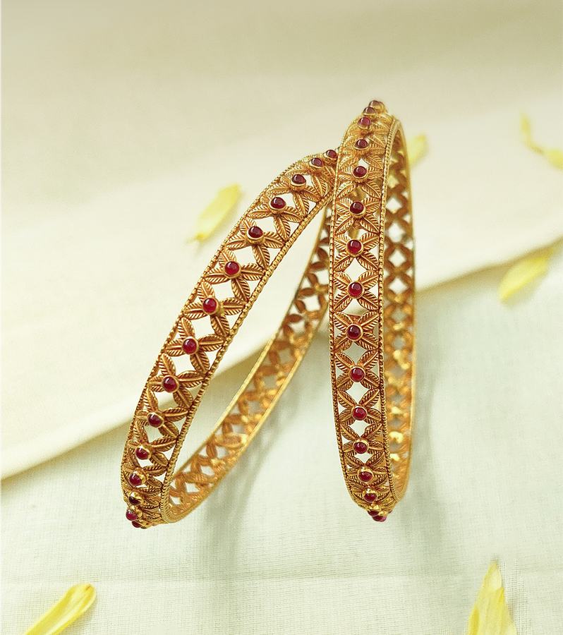 Antique Gold Bangles with Floral Motifs & Red Stones