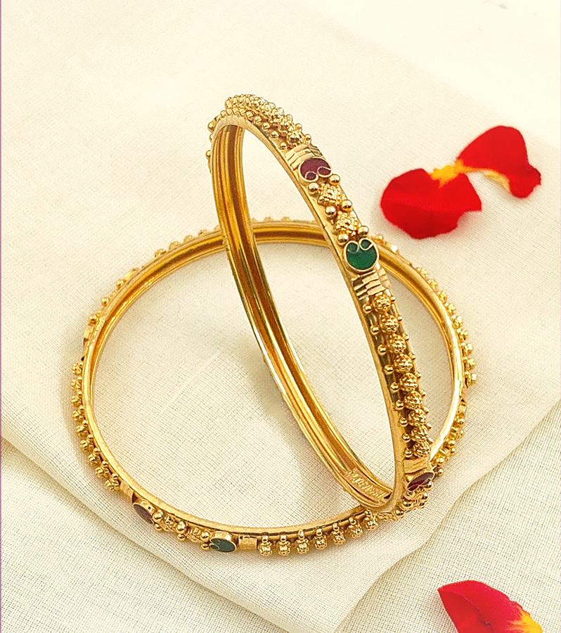 Artisanal Gold Bangles with Red & Green Stones