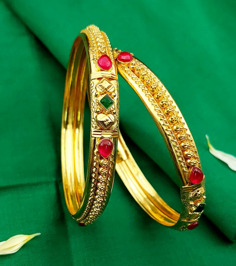 Regal Opulent Red & Green Stone Gold Kangan