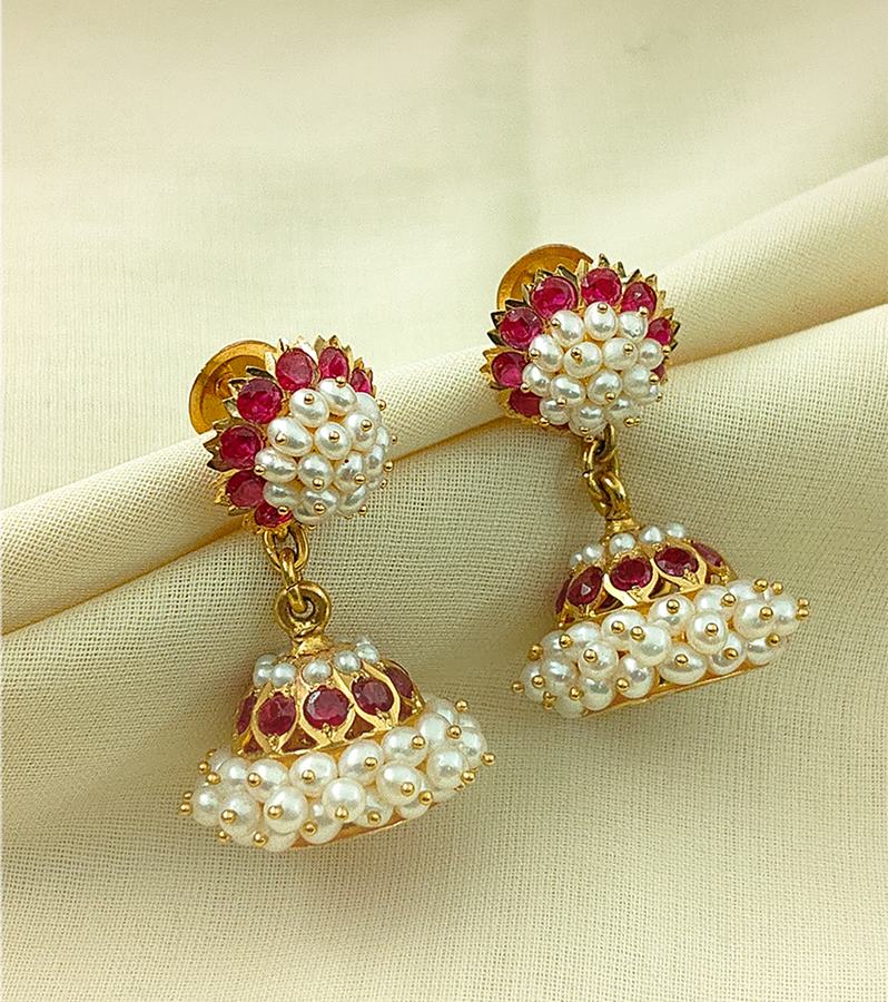 Big Gold Bellimoda Jhumka with Ruby & Pearls