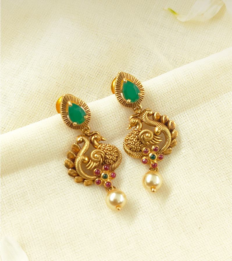 Pretty Gold Peacock Earrings with Pearls & Green-Red Stone