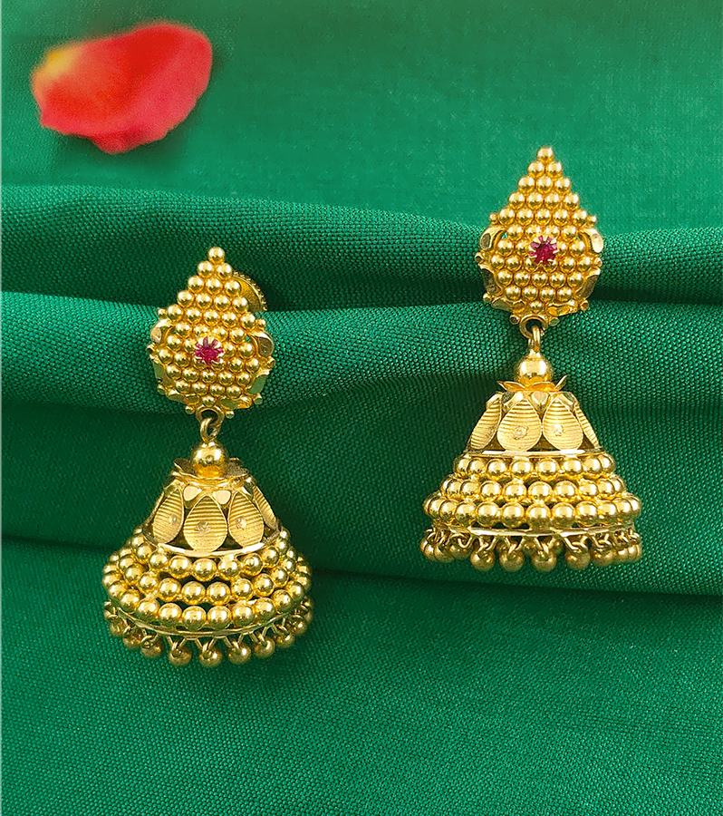 Gorgeous Gold Jhumka with Gold Bead Designs
