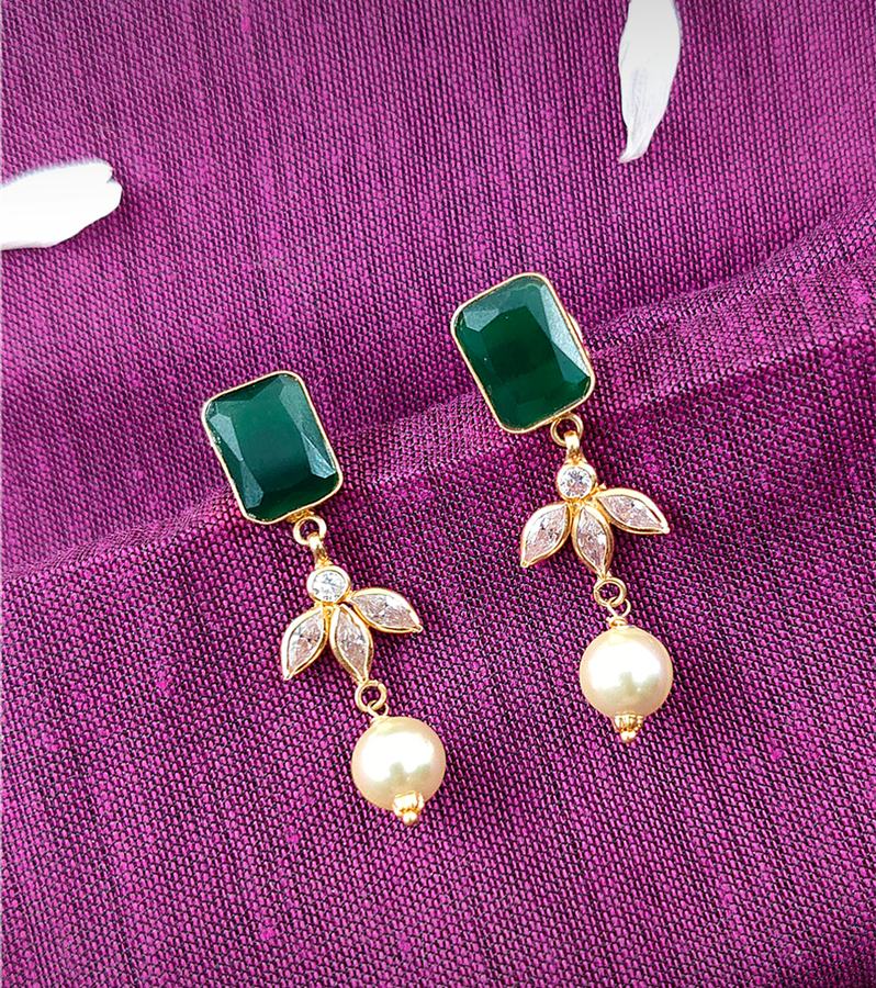 Gold Earrings with Diamonds, Pearls & Green Stone