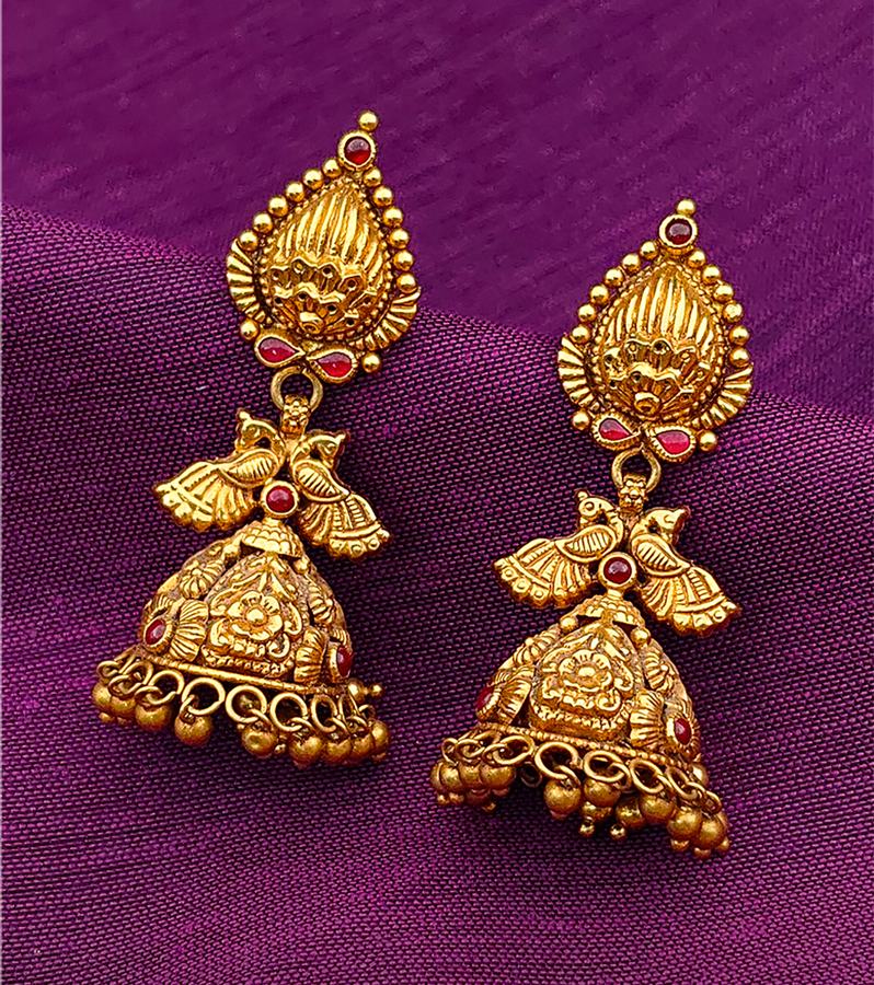 Pretty Gold Floral-Peacock Jhumkas with Gold Beads