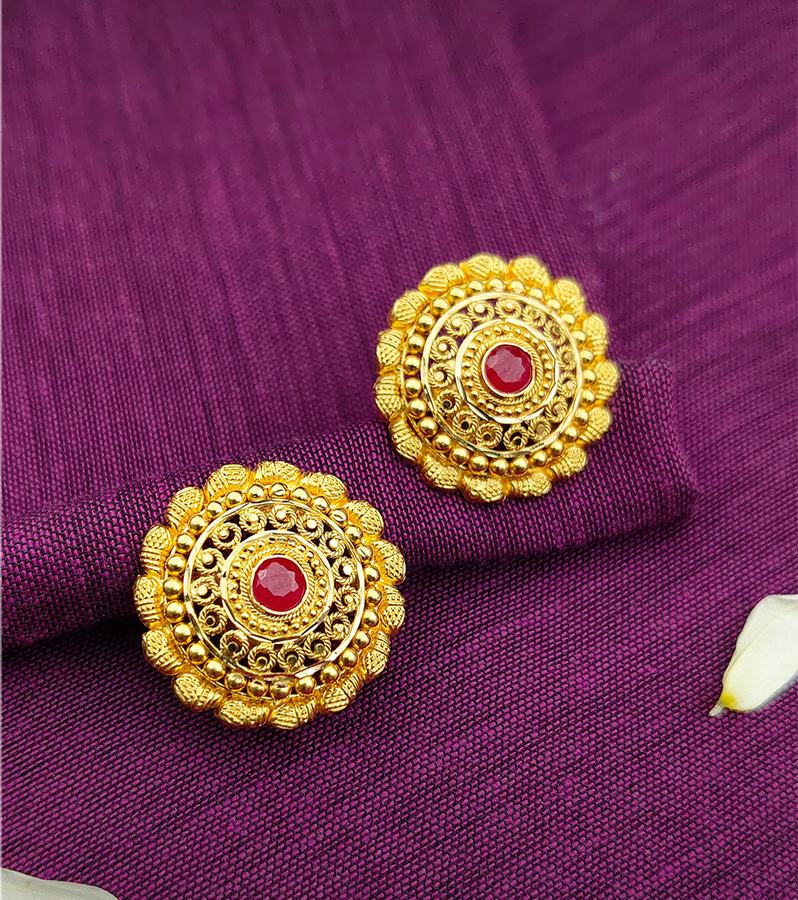 Artisanal Gold & Red Stone Stud Earrings