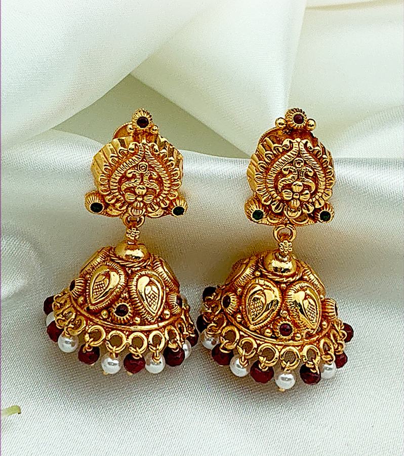 Handcrafted Nature Motif Jhumkas with Red Beads & Pearls