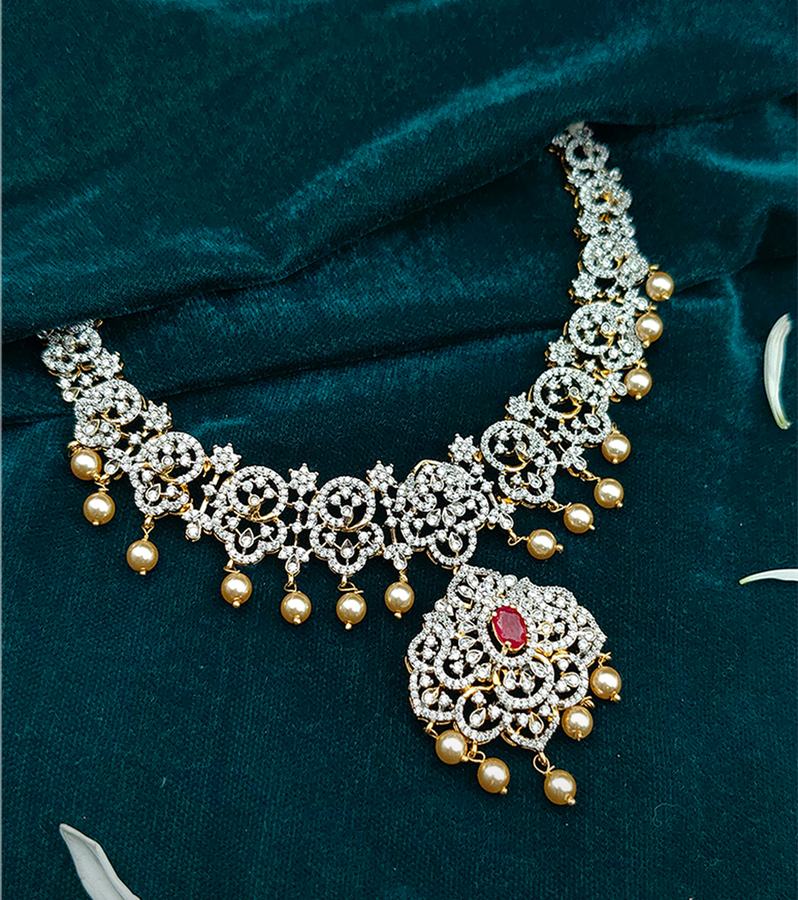 Ornate Floral Necklace with Pearls & Diamonds