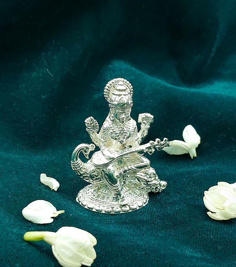 Handcrafted Silver Goddess Saraswati Idol