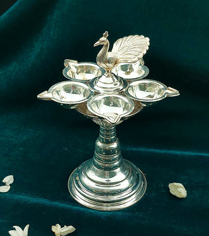 Royal Silver Peacock Panchmukhi Diya