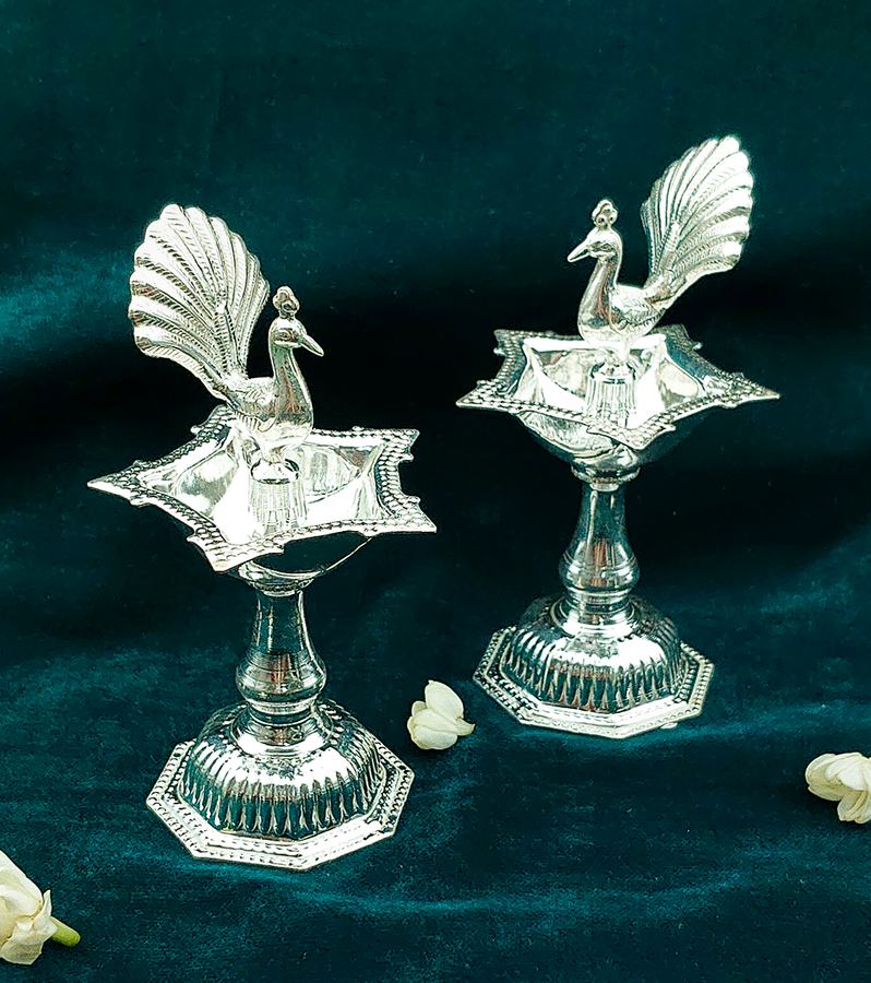 Opulent Silver Peacock Samai Diyas