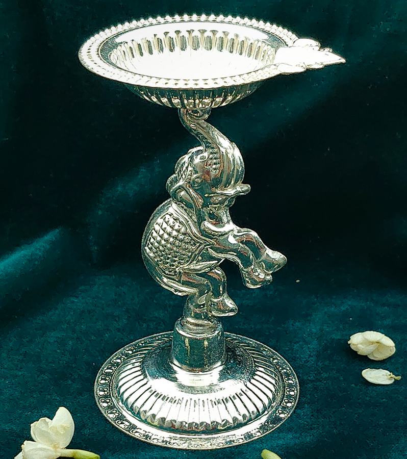 Artisanal Silver Elephant Pillar Diyas