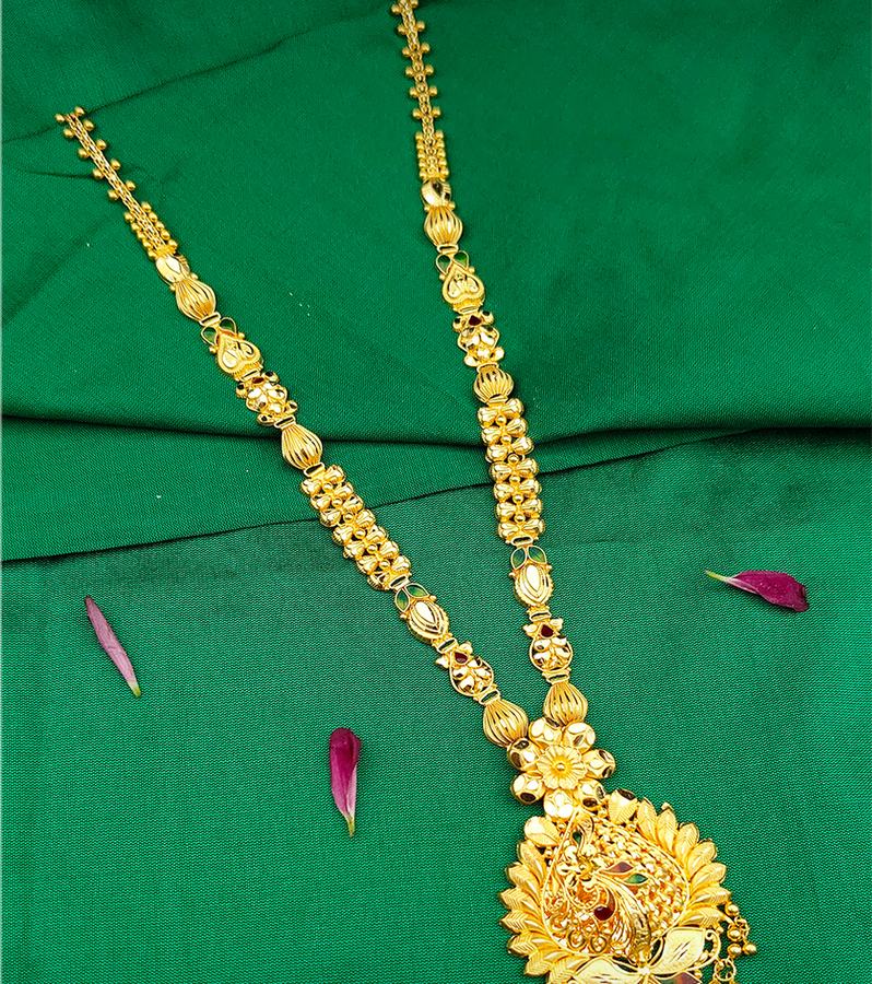 Graceful Gold Long Hara with Floral & Peacock Motifs