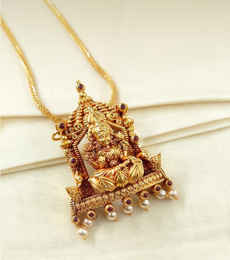 Beautiful Lakshmi Gold Pendant with Red Stones & Pearls