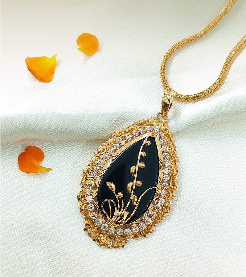 Pretty Gold Pendant with Dark Green Stone & Diamonds