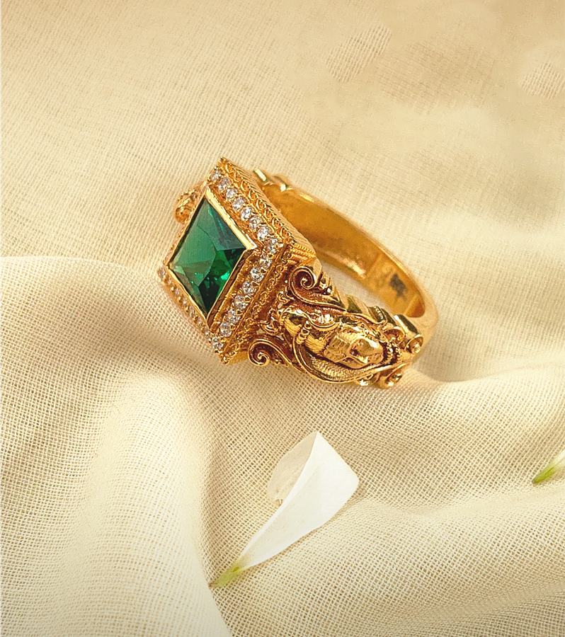 Lord Shiva Gold Ring with Green Stone